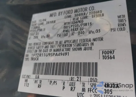 2005 Ford Ranger Edge/Xl/Xlt from USA, damaged, VIN 1FTZR11U95PA49491